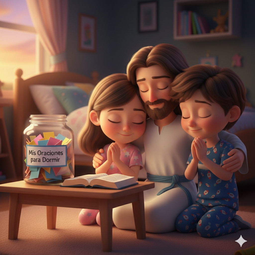 Niños orando con Jesús antes de dormir