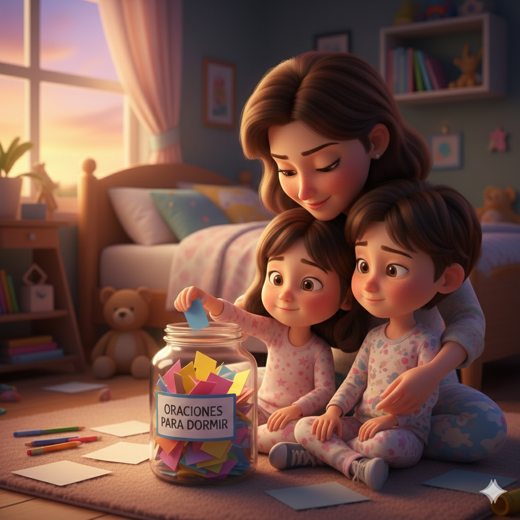 Madre con sus hijos en pijama