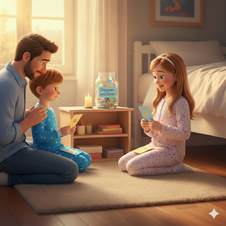 Padre con sus hijos arrodillados orando